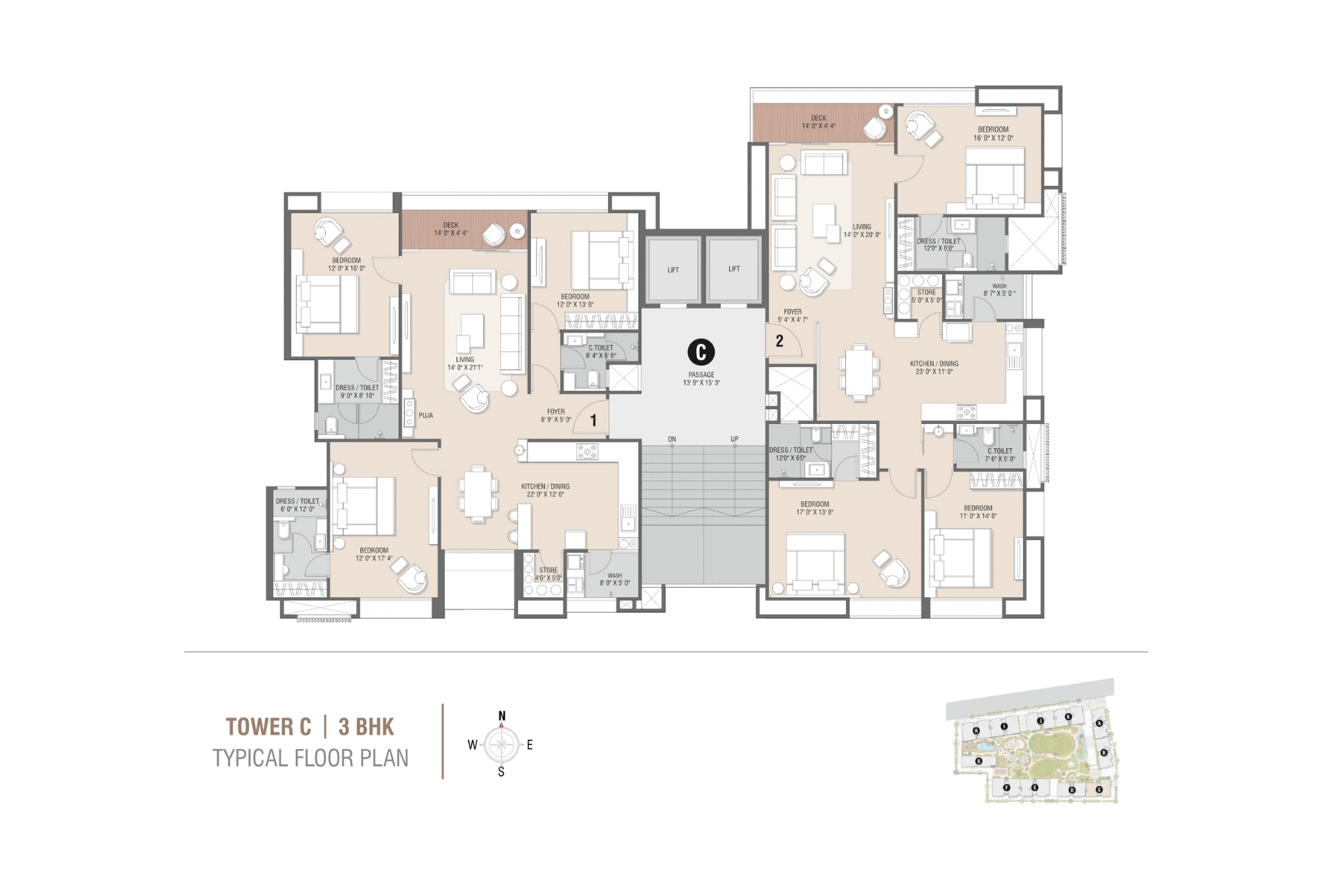 Tower C | 3BHK Typical Floor Plan