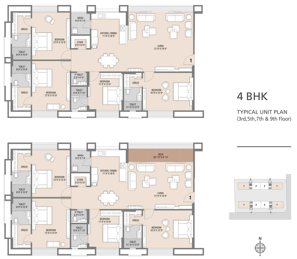3rd, 5th, 7th & 9th Floor 4BHK Plan